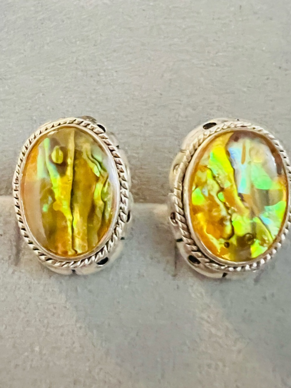 Abalone Shell Oval Silver clip padded Earrings - Yellow Green
